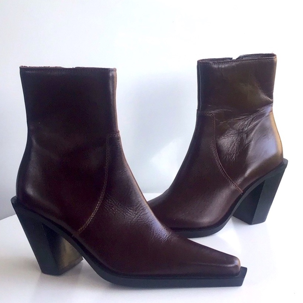 Mango burgundy western pointy leather ankle heeled boots 8